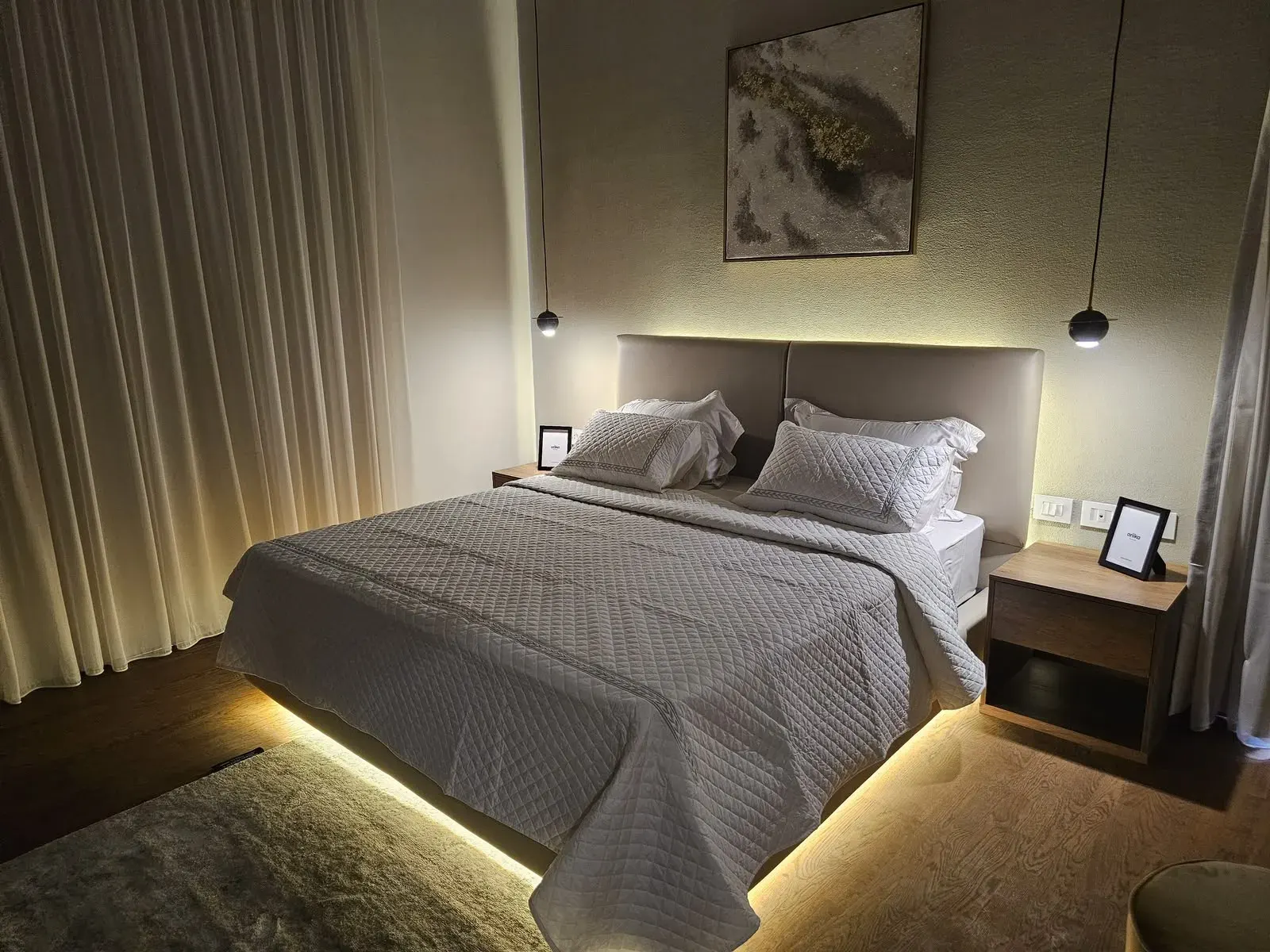 Floating bed with warm LED underglow