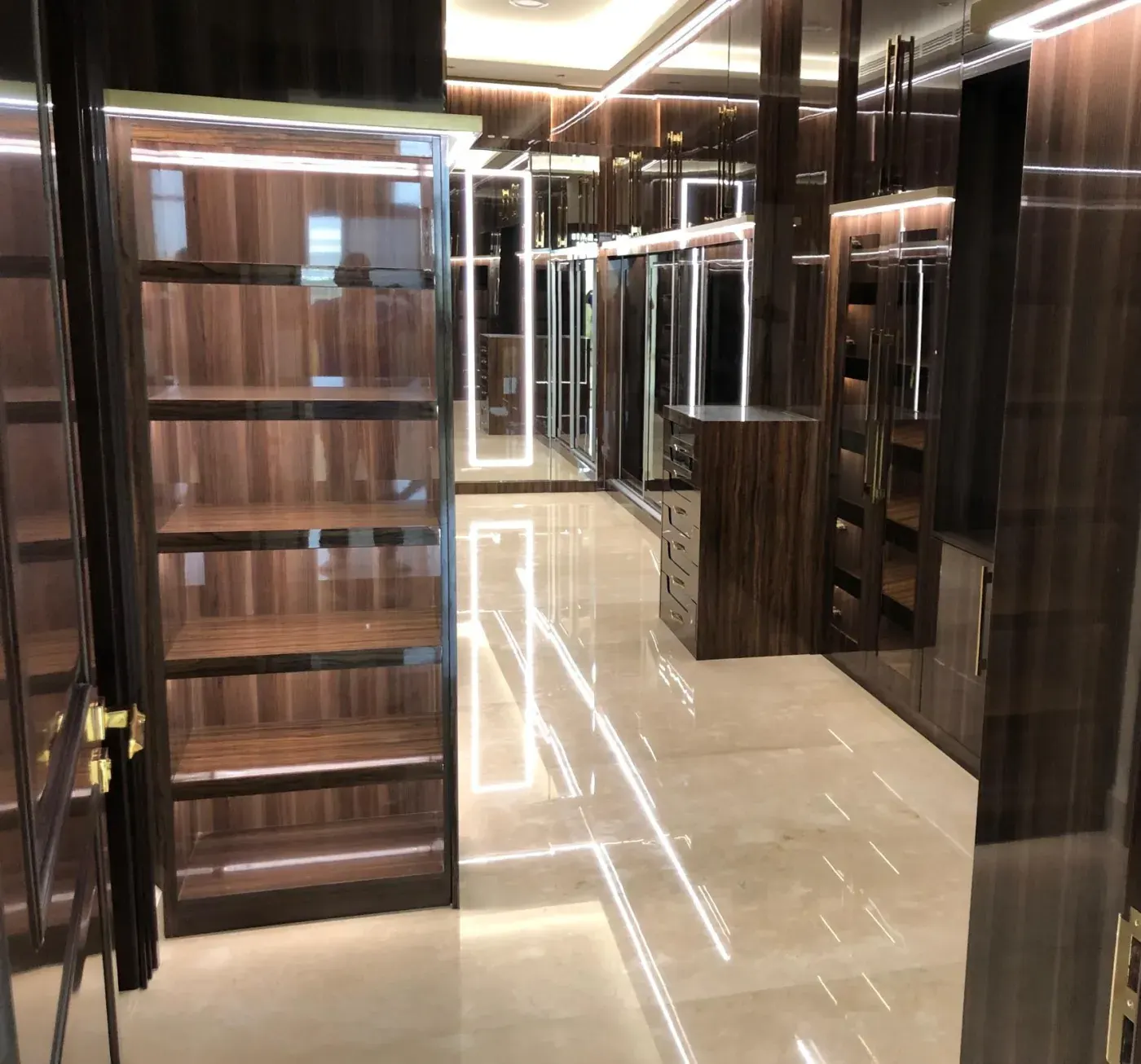Glass-fronted walnut display wardrobe