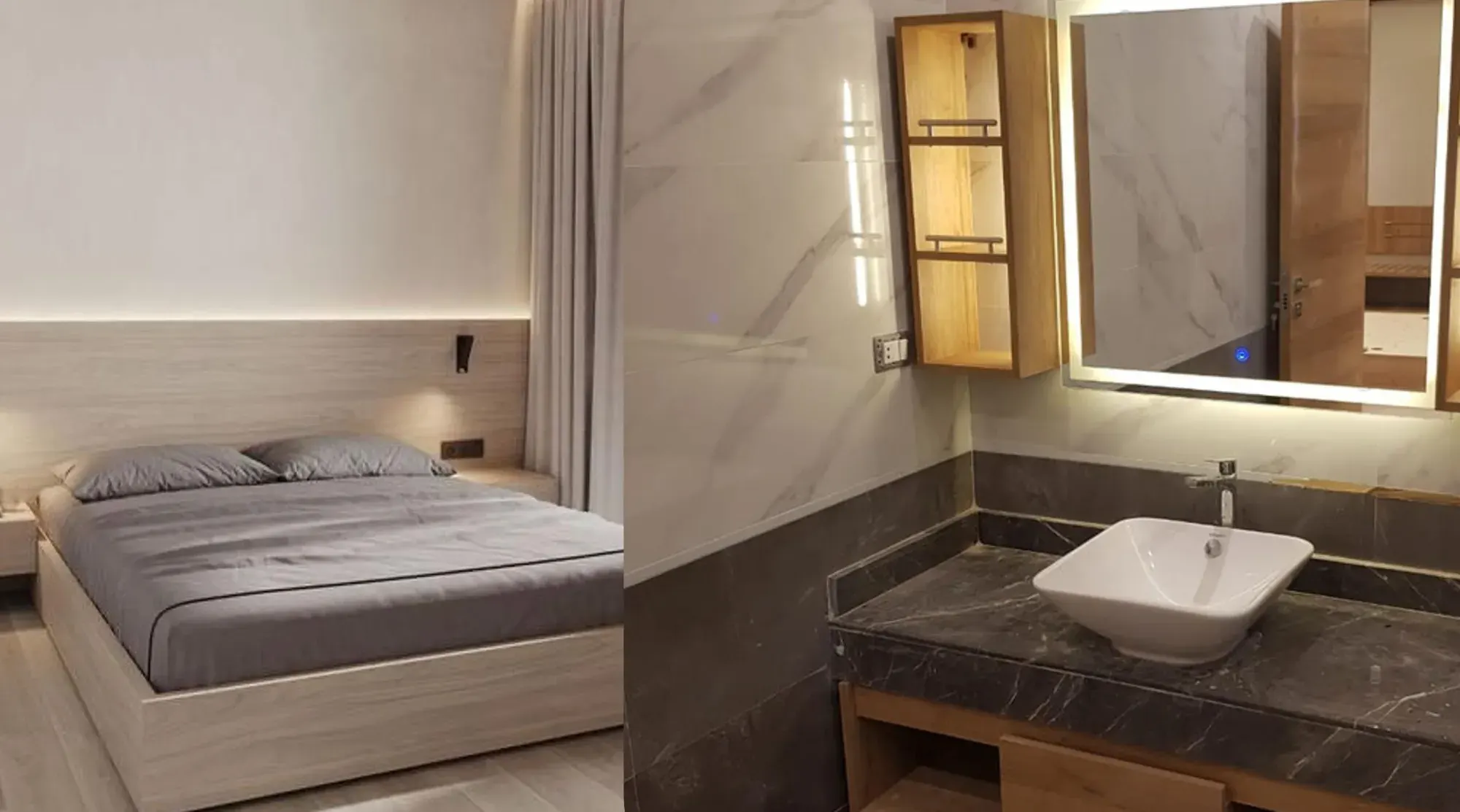 Hotel room bed and bathroom vanity