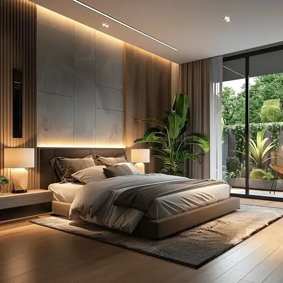 Bedroom concept with stone feature wall