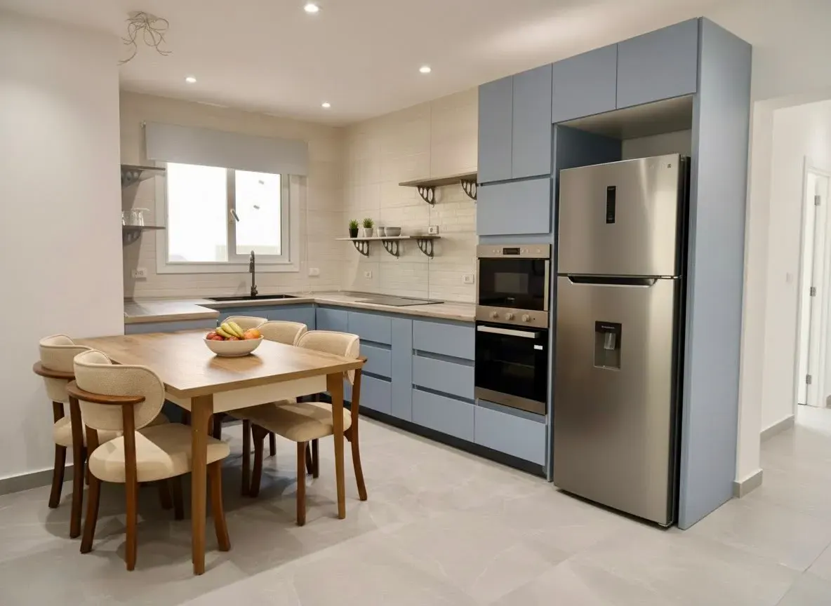 Powder-blue kitchen with dining corner