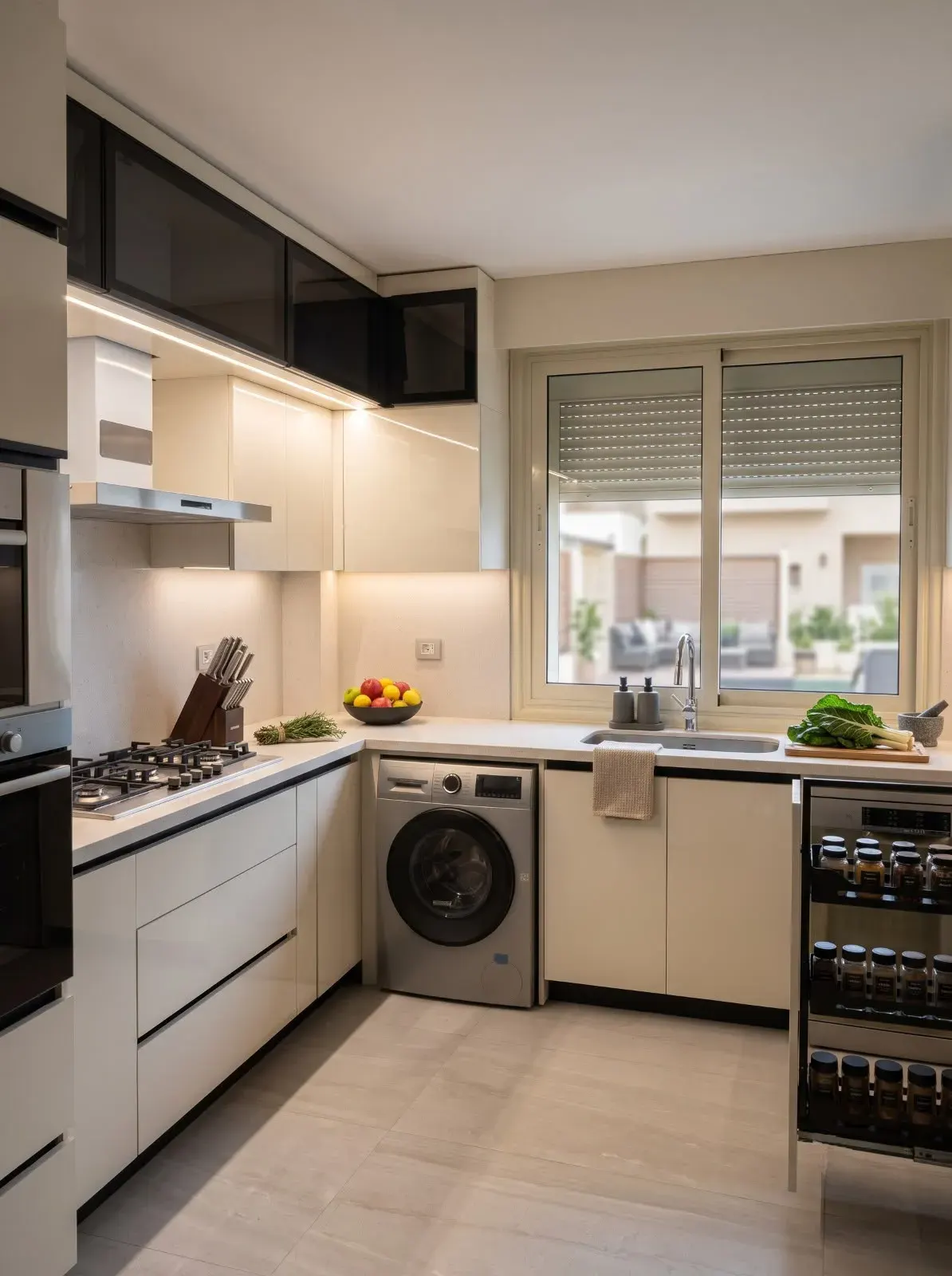 Cream gloss kitchen with integrated laundry