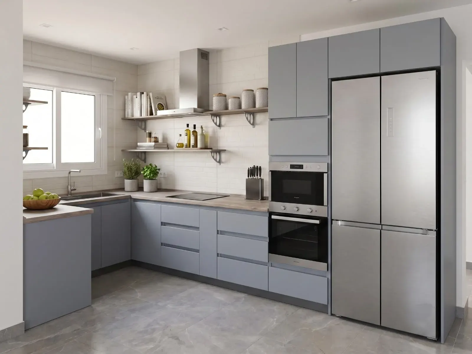 Grey L-shaped handleless kitchen
