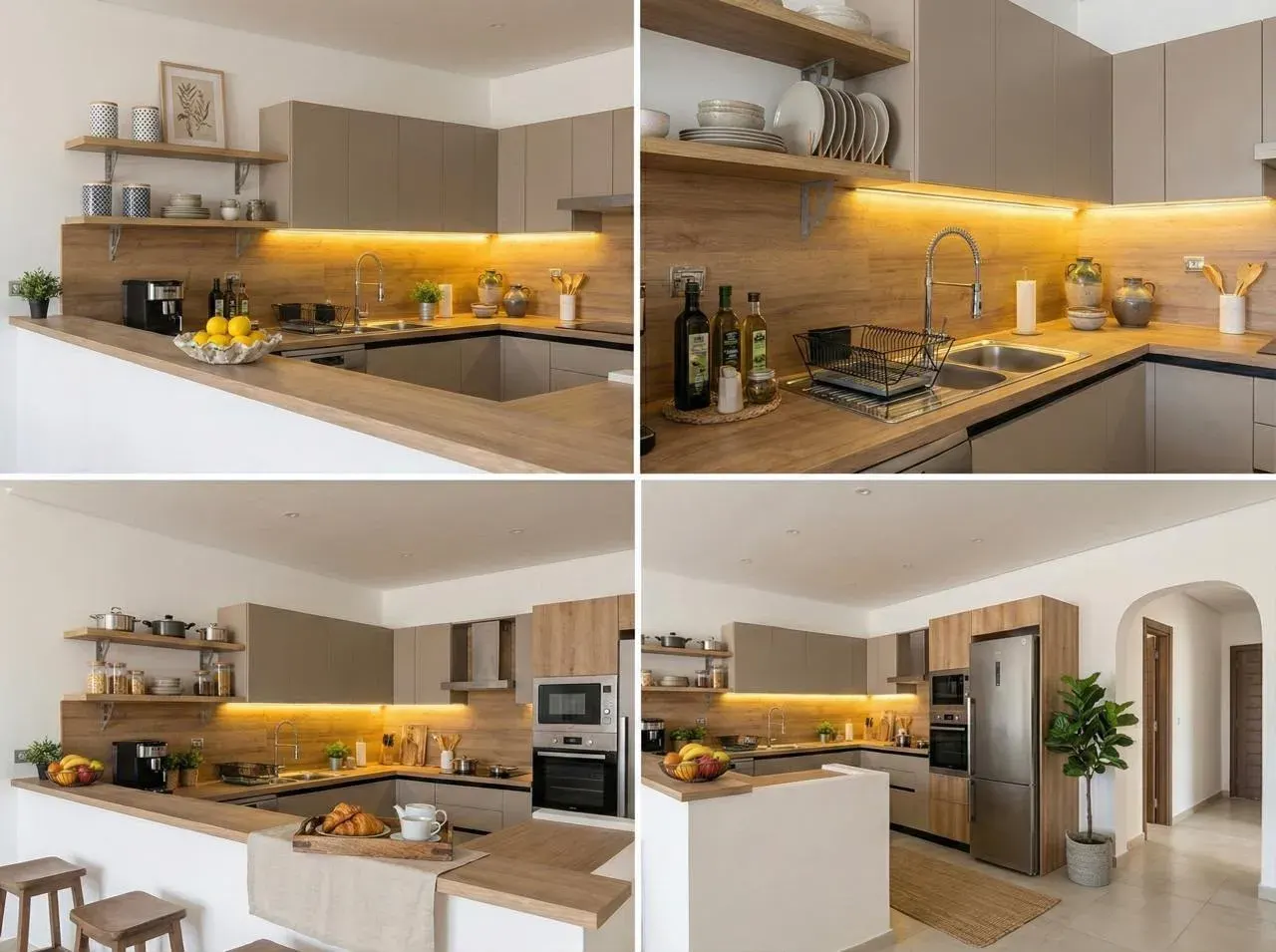 Oak and taupe kitchen, four views