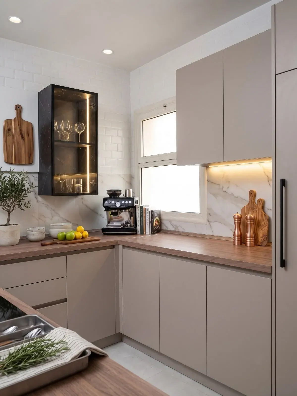 Taupe handleless kitchen with walnut worktop